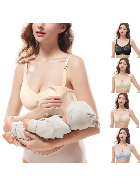 Women's Nursing Bras, Wireless Lace Nursing Bra with Drop Down Cups for nursing, maternity and sleep, Back Closure, Lace No Print, Soft Support Gray M