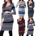 thumbnail image 1 of Jinhomg Women's Nursing Friendly Dresses Slim Fit Long Sleeve Cotton Bodycon Dress Fall Casual Comfy Striped Print Maternity Dresses for Breastfeeding Lighten Deals of The Day Light blue M, 1 of 4