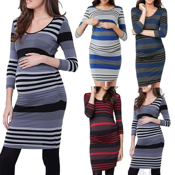 Jinhomg Women's Nursing Friendly Dresses Slim Fit Long Sleeve Cotton Bodycon Dress Fall Casual Comfy Striped Print Maternity Dresses for Breastfeeding Red XXL