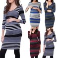 thumbnail image 1 of Jinhomg Women's Nursing Friendly Dresses Slim Fit Long Sleeve Cotton Bodycon Dress Fall Casual Comfy Striped Print Maternity Dresses for Breastfeeding Light blue XXL, 1 of 4