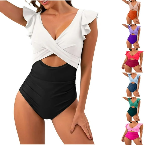Jinhomg Women's One Piece Swimsuit Trendy Ruffle Cut Out Bathing Suits Slimming Tummy Control V Neck Wrap Swimwear Summer Vacation Beachwear Winter Saving White L