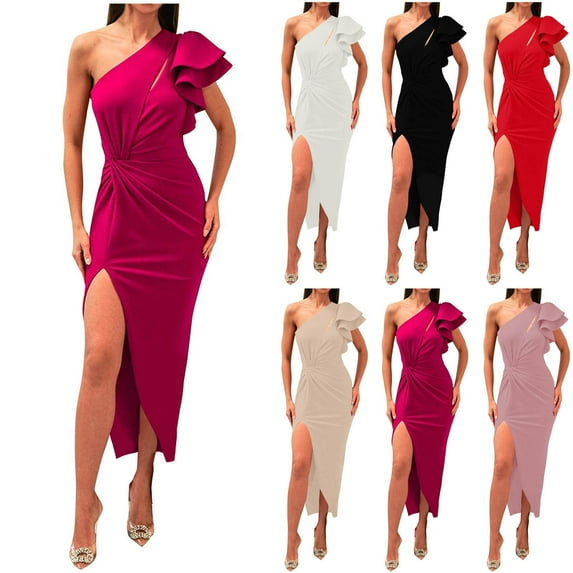 Jinhomg Women's One Shoulder Dress Trendy Side Slit Ruched Midi Dress Elegant Irregular Ruffle Sleeve Cocktail Party Wedding Guests Dresses Rose Gold L