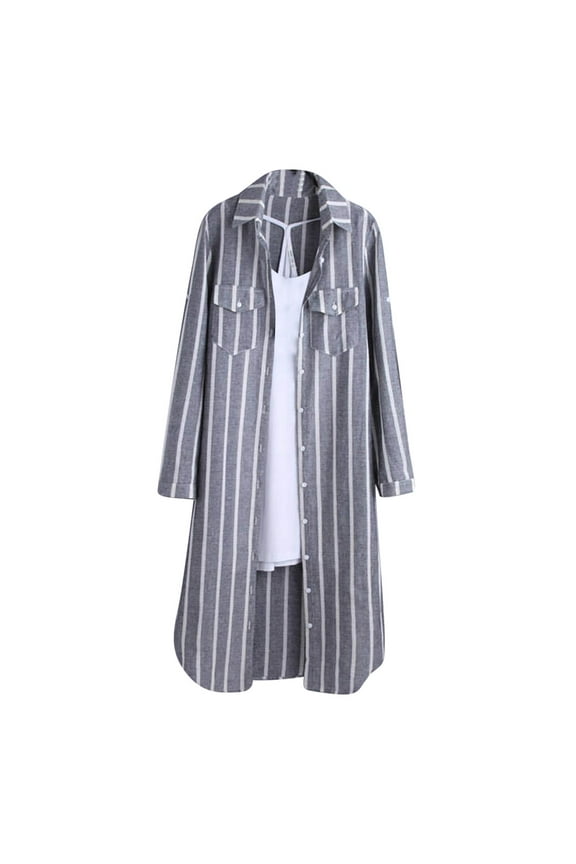Women's Oversized Linen thin Coat Trendy Roll Up Sleeve Plaid Shirts Lightweight Cotton Button Down Shackets with Pockets Gray L