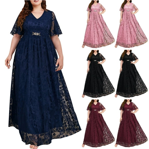 Jinhomg Women's Plus Size Bridesmaid Dresses Lace Floral Wedding Guest Summer Maxi Dress Chiffon Elegant Prom Evening Party Cocktail Gown Pink,XXXL