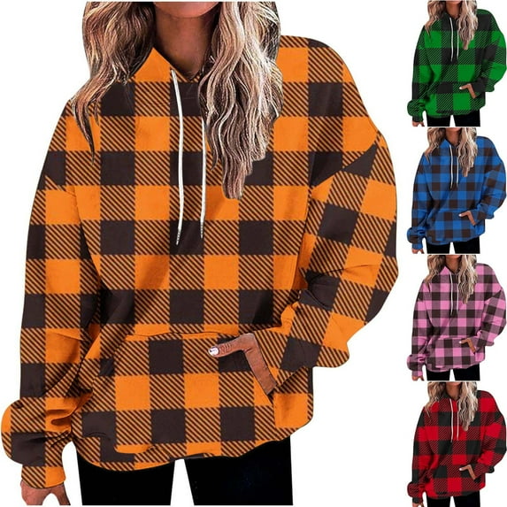Jinhomg Women's Plus Size Hoodies Trendy Oversized Plaid Print Sweatshirt Loose Comfy Long Sleeve Drawstring Hoodie with Kangaroo Pocket 90% off Clearance Sale Blue XXL