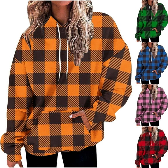 Jinhomg Women's Plus Size Hoodies Trendy Oversized Plaid Print Sweatshirt Loose Comfy Long Sleeve Drawstring Hoodie with Kangaroo Pocket Pink XXXXXL
