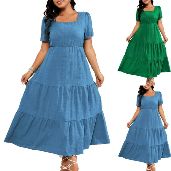 Jinhomg Women's Plus Size Maxi Dress Flowy Swing Smocked Tiered Dresses Loose Fit Comfy Short Sleeve Square Neck Boho Dress Items for Women Green XXXL