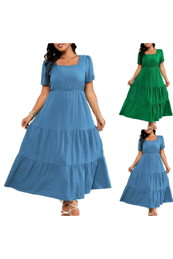 Women's Plus Size Maxi Dress Flowy Swing Smocked Tiered Dresses Loose Fit Comfy Short Sleeve Square Neck Boho Dress Blue XXL