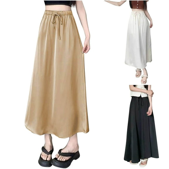 Jinhomg Women's Plus Size Satin Skirts 2025 Fashion Drawstring High Waisted Maxi Skirt Casual Loose Solid A Line Summer Going Out Skirts Khaki M