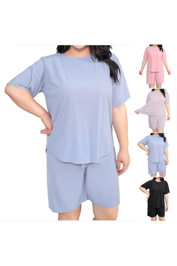 Jinhomg Women's Plus Size Solid Short Sleeve Lounge Set Oversized Top and Biker Shorts Pajama Set Gray XXL