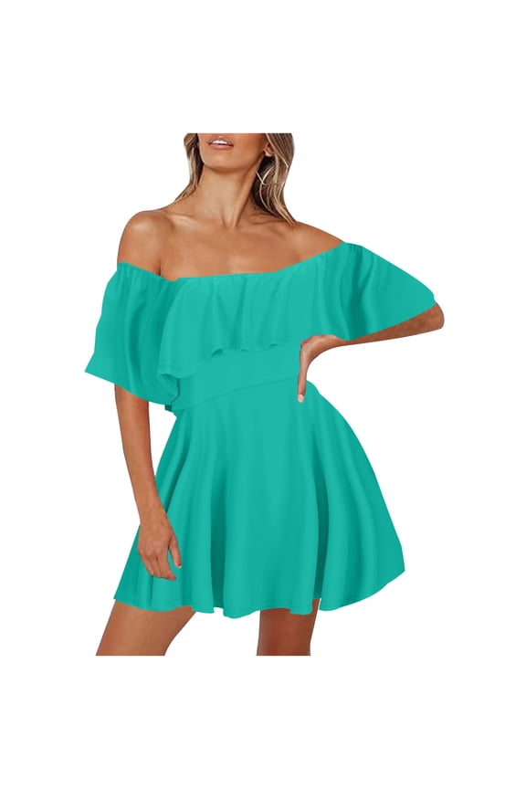 Women's Plus Size Summer Dress 2025 Trendy Off Shoulder Ruffle Hem Boho Dress Flowy Swing A Line Empire Waist Midi Dresses Winter Saving Black L