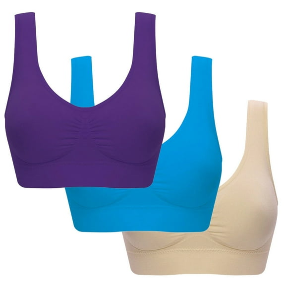 Jinhomg Women's Plus Size Yoga Bras Full Coverage Seamless Wireless Bras Medium Impact Push Up Sports Bras 3 Pack Solid Athletic Bras Dark Purple, Beige, Blue XXL