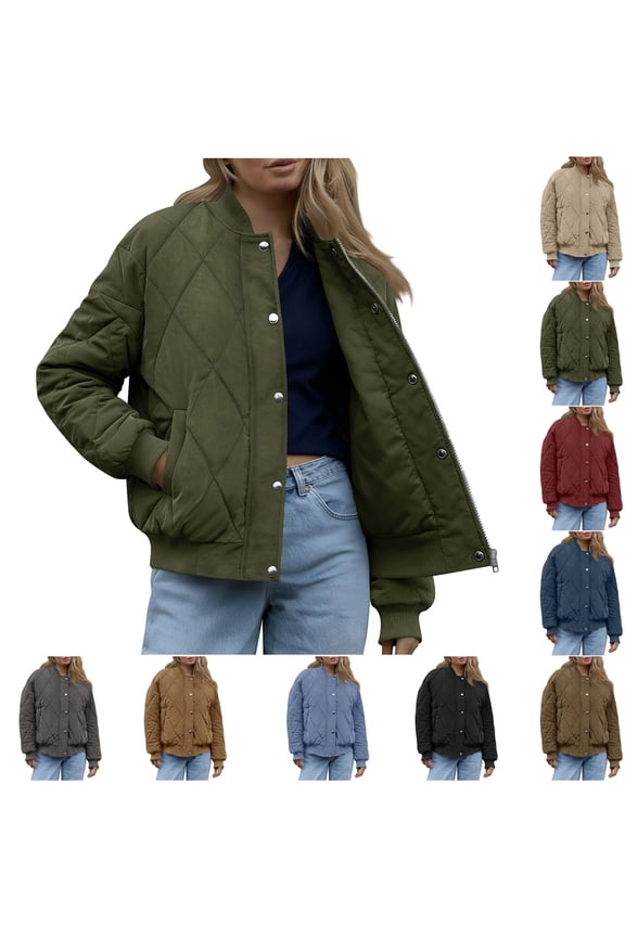 Women's Quilted Bomber Jacket Lightweight Cropped Zip up Jackets Casual Buttons Winter Puffer Coats Outerwear with Pockets