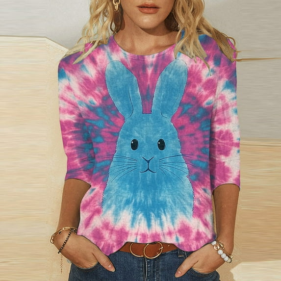 Jinhomg Women's Rabbit Graphic Shirts Fancy Cute Easter Day Themed Tunic Tops Casual Comfy 3/4 Sleeve Crew Neck Blouse Holiday Celebration Gifts Multicolor XXXXL