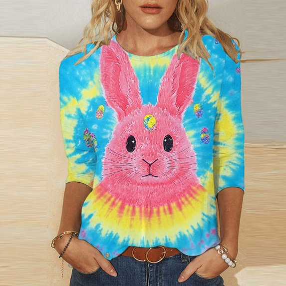 Jinhomg Women's Rabbit Graphic Shirts Fancy Cute Easter Day Themed Tunic Tops Casual Comfy 3/4 Sleeve Crew Neck Blouse Holiday Celebration Gifts Sales Today Multicolor XL