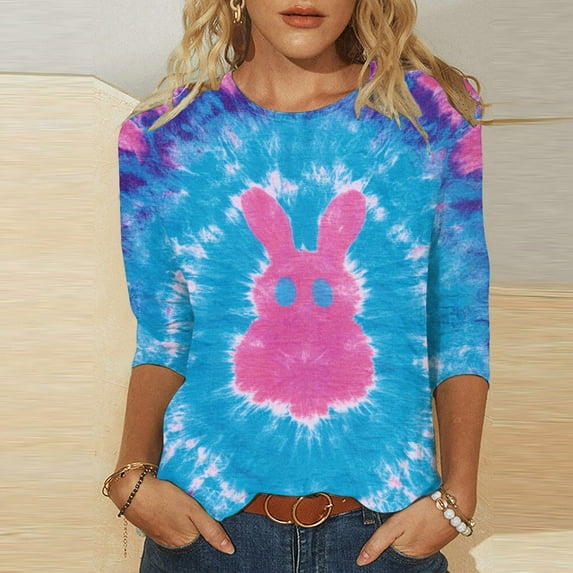 Jinhomg Women's Rabbit Graphic Shirts Fancy Cute Easter Day Themed Tunic Tops Casual Comfy 3/4 Sleeve Crew Neck Blouse Holiday Celebration Gifts Seasonal Sale Multicolor XXXXL