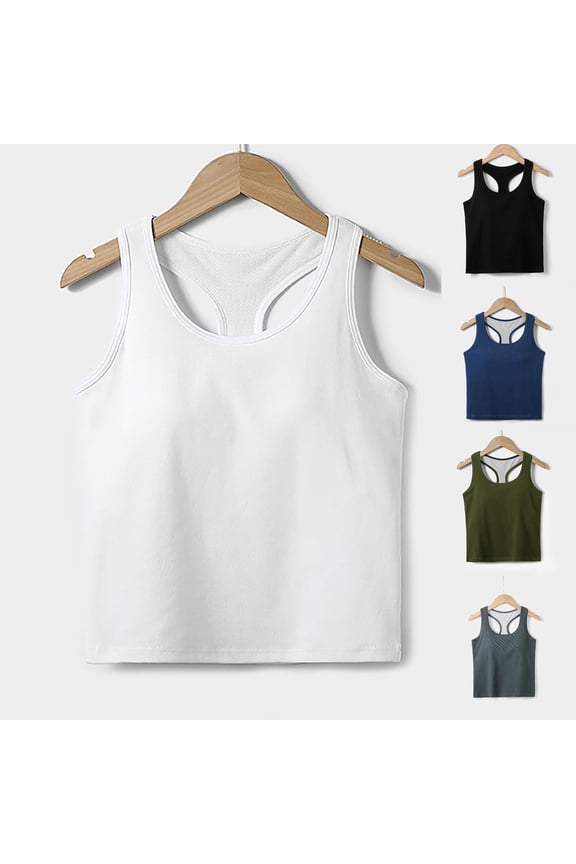 Women's Racerback Tank Top Sleeveless Crew Neck Sports Bras Stretchy Comfy Summer Workout Crop Top with Built in Bra for Running Yoga Blue L