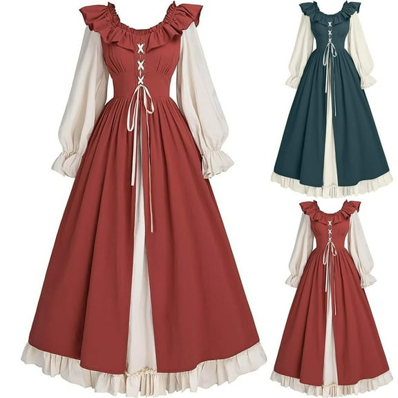 Jinhomg Women's Renaissance Dress Vintage Victorian Medieval Dress Plus Size Long Sleeve Lace Up Ruffle Maxi Dresses Holiday Cosplay Costume Green XXXL