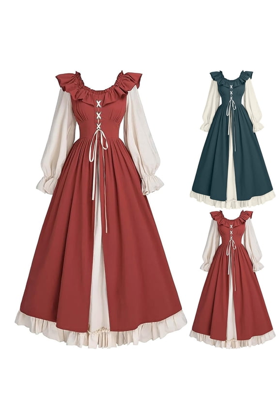 Women's Renaissance Dress Vintage Victorian Medieval Dress Plus Size Long Sleeve Lace Up Ruffle Maxi Dresses Holiday Cosplay Costume Green XXXXXL