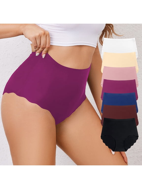 Women's Seamless Transparent Underwear Wave Trim Compression Panties High Wasit Tummy Control Thongs Beige,XL