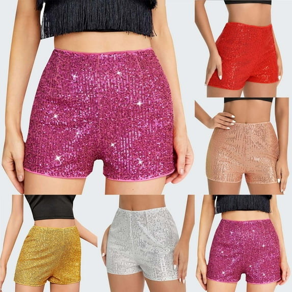 Jinhomg Women's Sequin Shorts Skinny Fit Elastic High Waist Party Shorts Glitter Y2K Mini Shorts Sparkly Night Club Wear Beige L