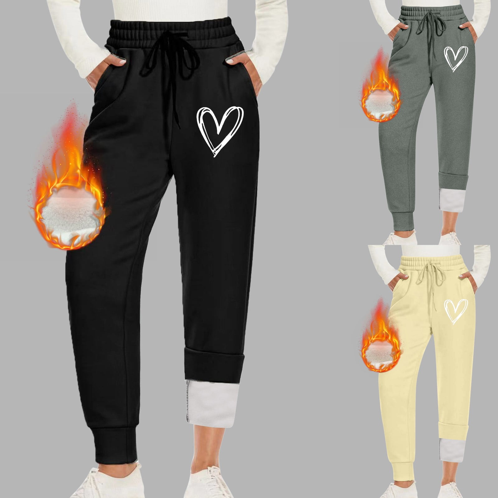 Jinhomg Women's Sherpa Lined Sweatpants Cute Heart Print Casual