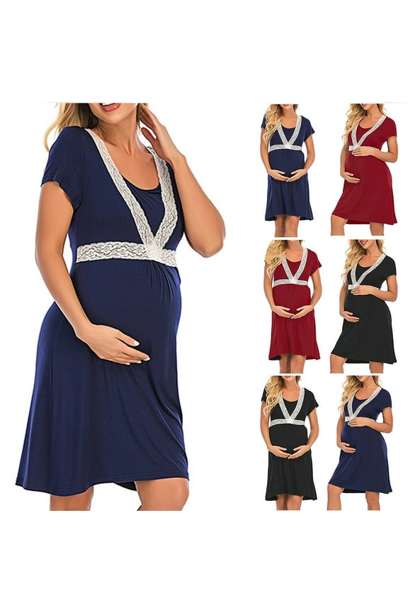 Women's Short Sleeve Maternity Dress Dressy Lace Hem Midi Dresses Fall Summer Comfortable Pregnancy Clothes Daily Wearing Wine XL