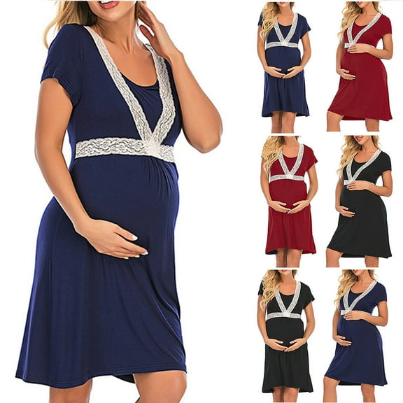 Jinhomg Women's Short Sleeve Maternity Dress Dressy Lace Hem Midi Dresses Fall Summer Comfortable Pregnancy Clothes Daily Wearing Spring Saving Navy M