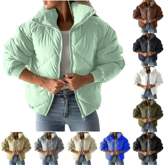 Jinhomg Women's Short Winter Coat Lightweight Comfy Full-Zip Quilted Coat Windproof Thermal Long Sleeve Puffer Jacket Blue L