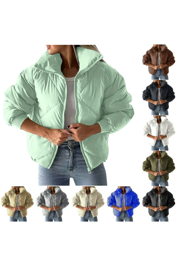Women's Short Winter Coat Lightweight Comfy Full-Zip Quilted Coat Windproof Thermal Long Sleeve Puffer Jacket Blue S