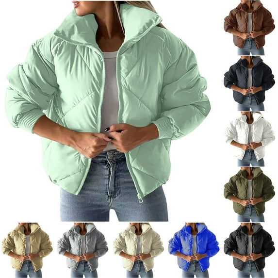 Jinhomg Women's Short Winter Coat Lightweight Comfy Full-Zip Quilted Coat Windproof Thermal Long Sleeve Puffer Jacket Summer Saving Beige L