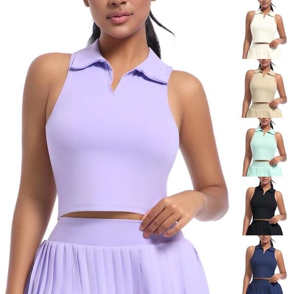 Jinhomg Women's Sleeveless Crop Tops Casual Solid Lapel Collar Tank Shirts Basic Solid V Neck Golf Tennis Clothes Summer Workout Athletic Tanks Black L