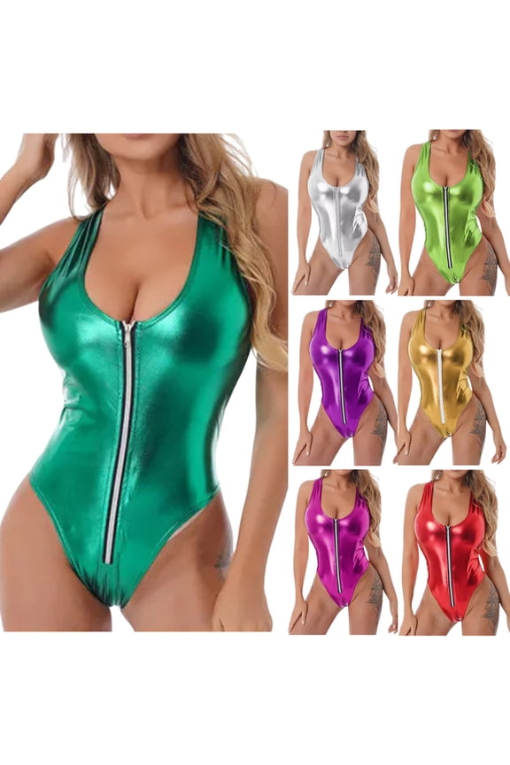 Women's Sporty One Piece Bathing Suits High Neck Metallic Shiny Jumpsuits Zipper Lightweight Swimsuits Silver L