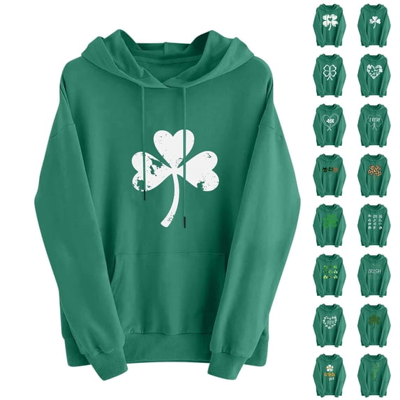Jinhomg Women's St. Patrick's Day Hooded Sweatshirts Long Sleeve Novelty Graphic Hoodies Four-Leaf Clover Pullover Sweatshirt Green S