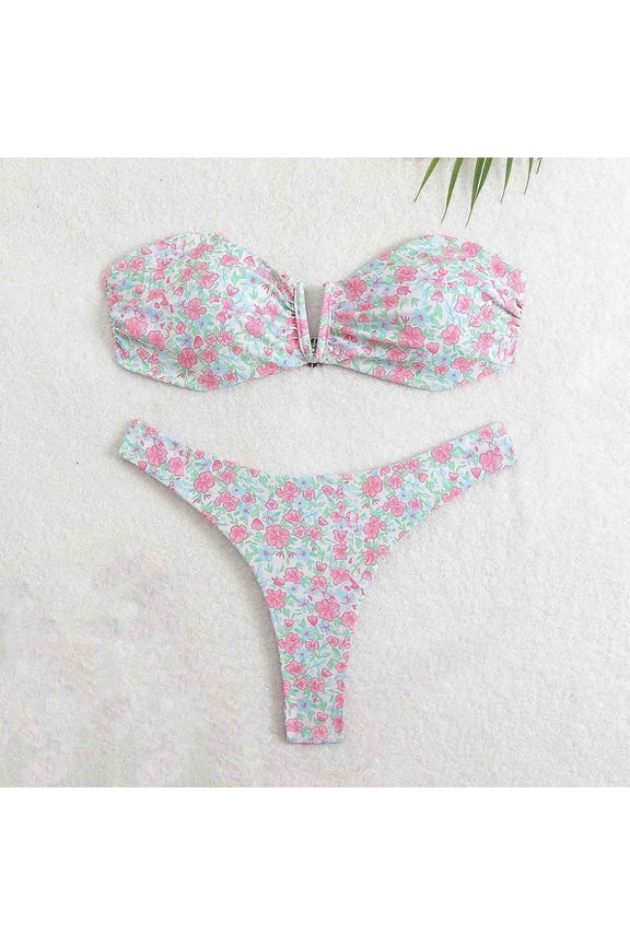 Women's Strapless Bandeau Swimsuit 2 Piece Elegant Floral Print Vacation Bathing Suits Lightweight Comfy Bikini Tops and Bottom Fall Saving Red XL