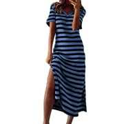 Jinhomg Women's Striped Maxi Dress Summer Short Sleeve Vneck Split Dresses Casual Vacation Long Tunic Dress Today'S Deals of The Day Blue XXXL