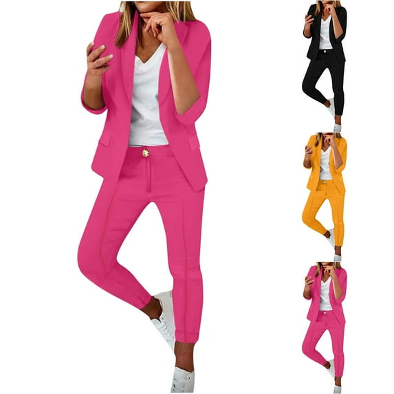 Jinhomg Women's Summer 2 Piece Outfits 2025 Open Front Lapel Collar Business Blazers with Long Jogger Pants Fashion Office Work Suits Sets Black L