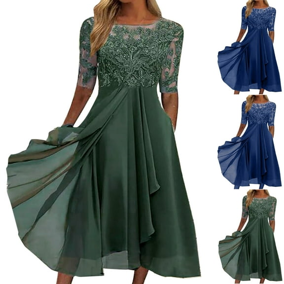 Jinhomg Women's Summer Maxi Dresses Trendy Lace Patchwork Chiffon Dresses Flowy Half Sleeve Wedding Guest Dress formal Evening Dresses Navy S