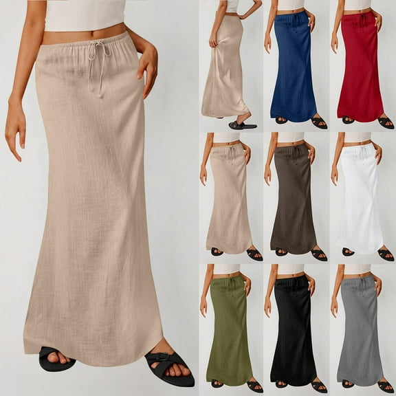 Jinhomg Women's Summer Maxi Skirt Casual Drawstring Low Waist A Line Skirts Loose Fit Comfy Long Vacation Beach Skirt White S