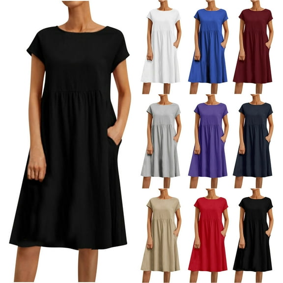 Jinhomg Women's Summer Midi Dress Casual Loose Solid Cotton Linen T-Shirt Dress Plus Size Comfy Short Sleeve Crew Neck Vacation Dresses Dark Blue L