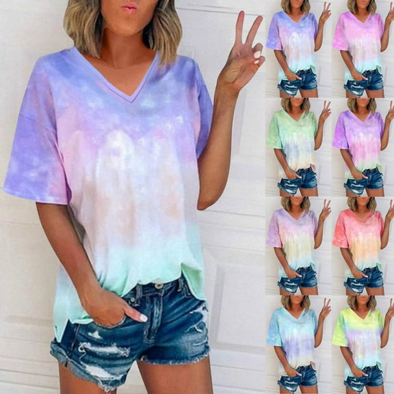 Jinhomg Women's Summer T Shirts 2025 Fancy Gradient Color V-Neck Shirts Casual Loose Short Sleeve Tees Lightweight Spring Summer Pullovers Purple XXL