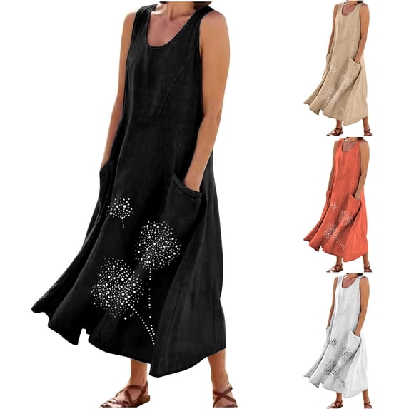 Jinhomg Women's Summer Tank Dress Casual Dandelion Print Maxi Dress Lightweight Comfy Sleeveless Crew Neck Vacation Beach Dresses Black L
