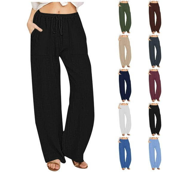 Jinhomg Women's Summer Trousers 2025 Casual Straight Leg Beach Pants Loose Fit Comfy Drawstring High-Waisted Vacation Pant with Pockets Coffee S