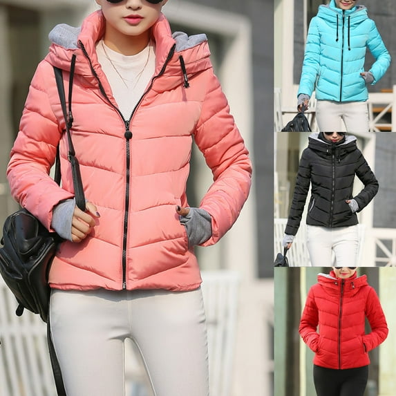 Jinhomg Women's Thick Hooded Down Jacket Thermal Cozy Long Sleeve Full-Zip Puffer Coat Fall Winter Plus Size Comfy Winterproof Outerwear with Pockets Blue L