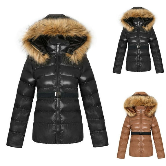 Jinhomg Women's Thick Down Jacket Warm Cozy Faux Fur Trim Hooded Puffer Coat Fall Winter Long Sleeve Zip Up Windbreaked OuterwearBlack XXL