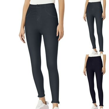 Jinhomg Women's Thick Leggings Plus Size Casual Solid Denim Pants Slim Fit Comfy High Waist Full Length Jeans Thermal Fall Spring Pant Sales Today Clearance Black XXXXL