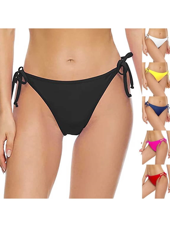 Women's Tie Side Bikini Bottoms Basic Solid Mid Rise String Bathing Suits Bottom Trendy Summer Vacation Beach Swimsuit Red L