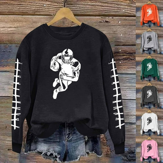 Jinhomg Women's Trendy Fall Pullover Casual Football Graphic Sweatshirt Lightweight Comfy Long Sleeve Crewneck Lounge Tops Daily Wear Summer Saving Dark Gray S