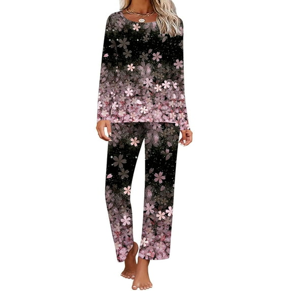 Jinhomg Women's Trendy Pajamas Sets 2 Piece Fall Winter Comfy Sleepwear Elegant Floral Print Long Sleeve Top and Straight Leg Pants Prime Day 2025 Prime Today Pink L