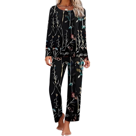 Jinhomg Women's Trendy Pajamas Sets 2 Piece Fall Winter Comfy Sleepwear Elegant Floral Print Long Sleeve Top and Straight Leg Pants Summer Saving Black M